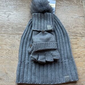 Calvin Klein Women's Faux Fur Pom Pom Hat and Flip-Top Gloves 2 Piece Set NWT